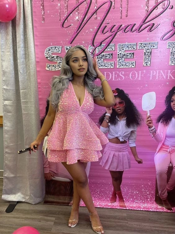 Aimishang Sexy Halter V Neck A Line Blue / Pink / Purple Sequin Sleeveless Short Homecoming Dress Sparkly Summer Birthday Party Dress