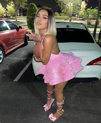 Aimishang Sexy Halter V Neck A Line Blue / Pink / Purple Sequin Sleeveless Short Homecoming Dress Sparkly Summer Birthday Party Dress