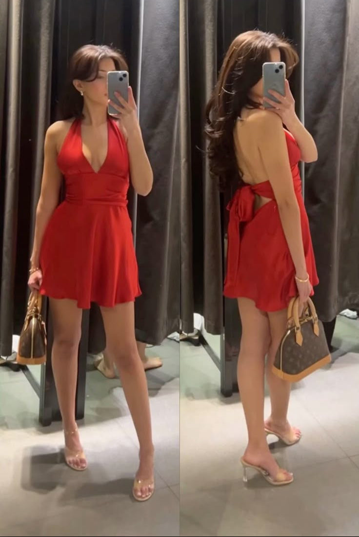 Aimishang Sexy Halter V Neck Sleeveless Short Summer Birthday Party Dress Simple Graduation Homecoming Dress