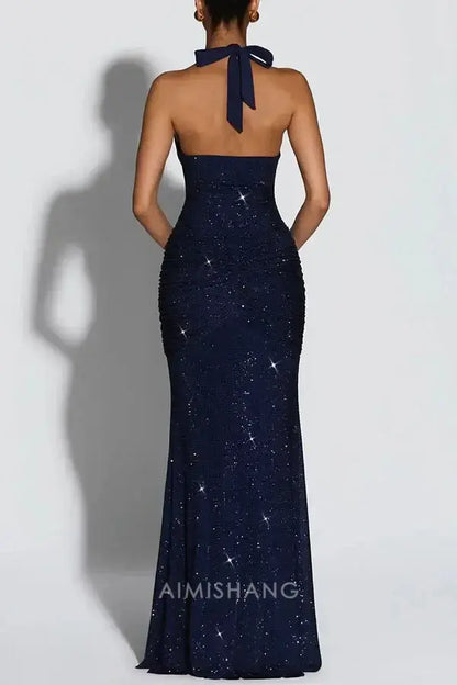 Aimishang Sexy Mermaid Halter Party Evening Gowns Sparkly Sleeveless Long Formal Prom Dress