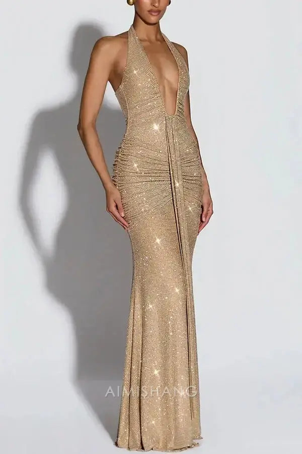 Aimishang Sexy Mermaid Halter Party Evening Gowns Sparkly Sleeveless Long Formal Prom Dress