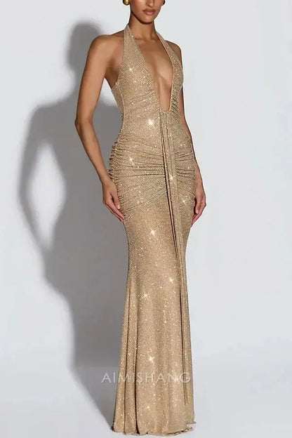 Aimishang Sexy Mermaid Halter Party Evening Gowns Sparkly Sleeveless Long Formal Prom Dress