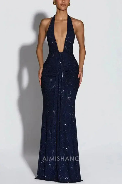 Aimishang Sexy Mermaid Halter Party Evening Gowns Sparkly Sleeveless Long Formal Prom Dress
