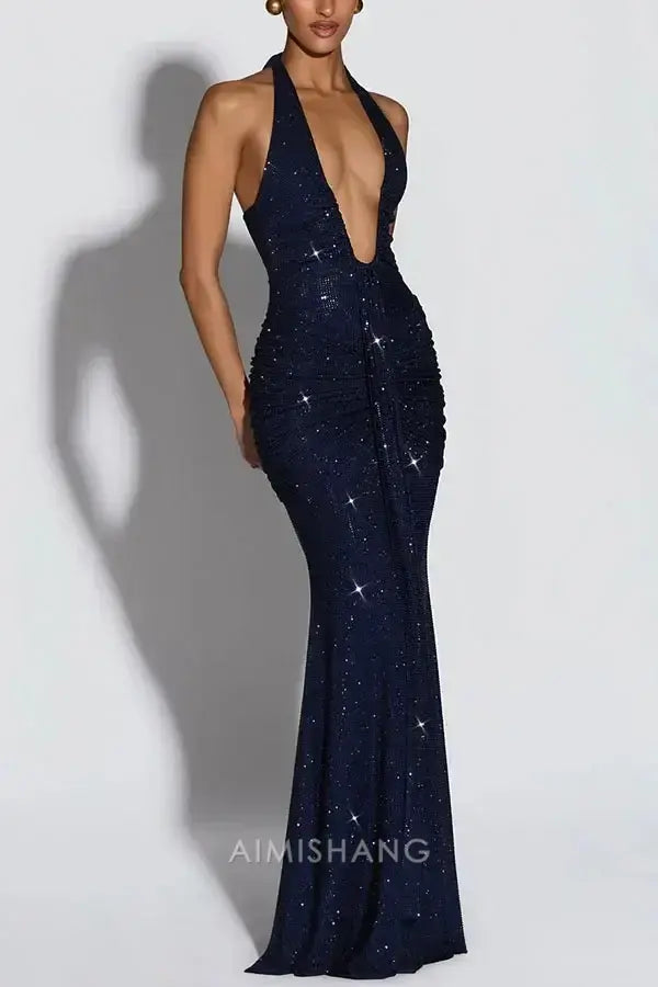 Aimishang Sexy Mermaid Halter Party Evening Gowns Sparkly Sleeveless Long Formal Prom Dress