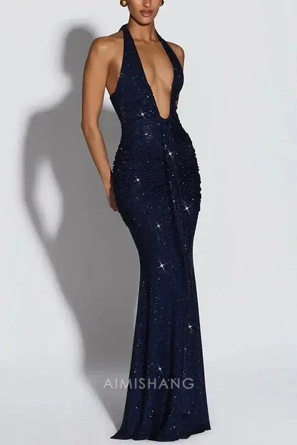 Aimishang Sexy Mermaid Halter Party Evening Gowns Sparkly Sleeveless Long Formal Prom Dress