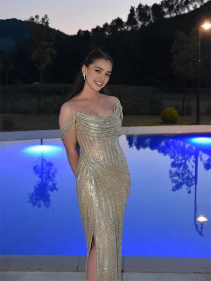 Aimishang Sexy Mermaid Off the Shoulder Party Evening Gowns Fashion Long Formal Prom Dress Sparkly Wedding Guest Dress