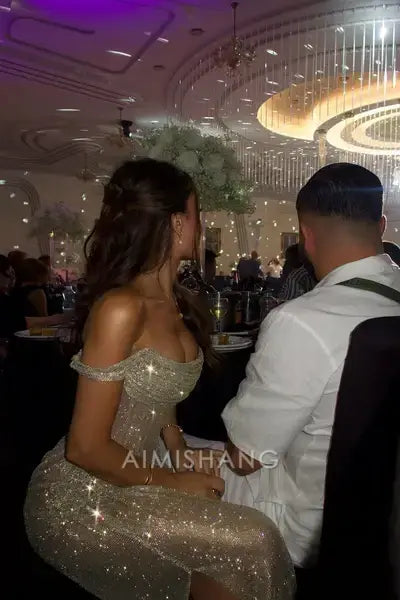 Aimishang Sexy Mermaid Off the Shoulder Party Evening Gowns Fashion Long Formal Prom Dress Sparkly Wedding Guest Dress