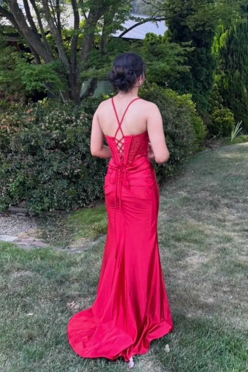 Aimishang Sexy Mermaid Spaghetti Straps Satin Evening Party Dress Classy Long Formal Prom Dress With Slit