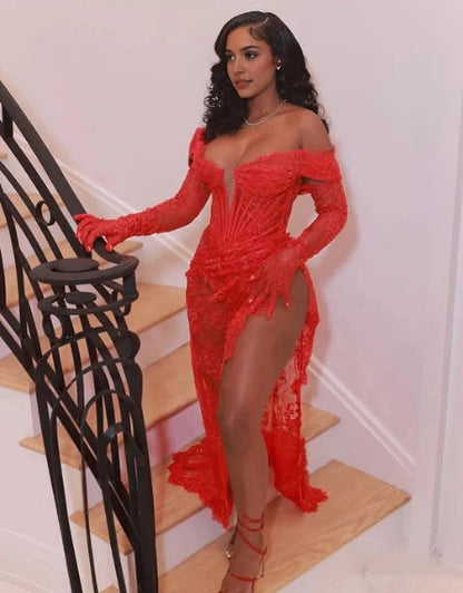 Aimishang Sexy Off the Shoulder Lace Party Evening Gown Chic Long Formal Prom Dress With Slit No With Gloves