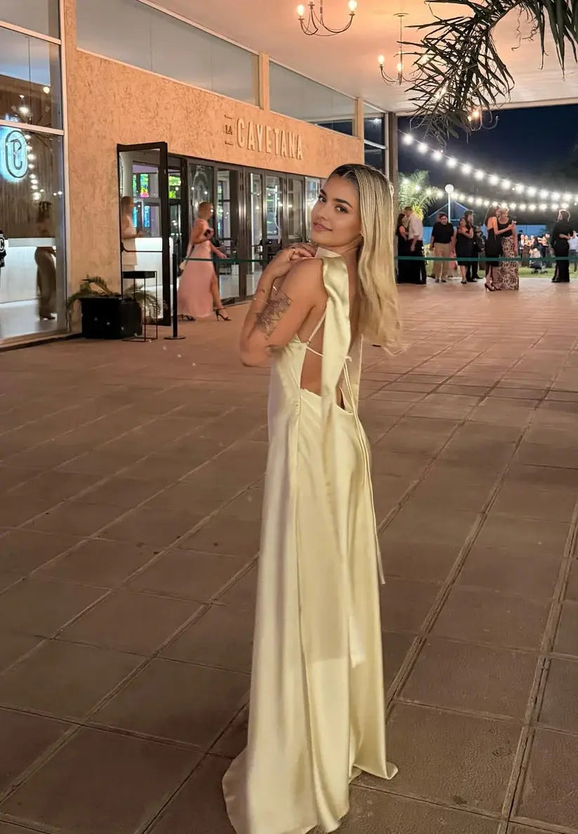Aimishang Sexy Spaghetti Straps Satin Open Back Long Formal Dress Simple Party Evening Gown