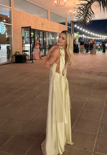 Aimishang Sexy Spaghetti Straps Satin Open Back Long Formal Dress Simple Party Evening Gown