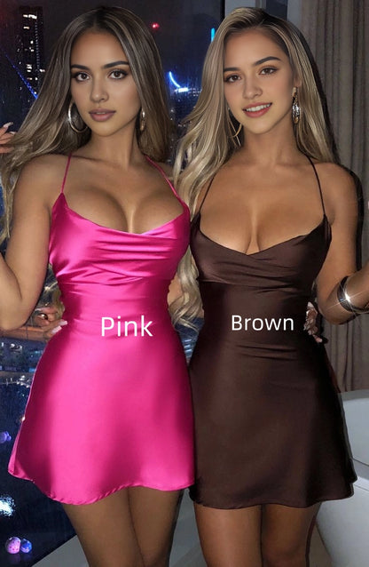 Aimishang Sexy Spaghetti Straps Satin Sleeveless Short Homecoming Dress Summer Simple Mini Birthday Party Dress