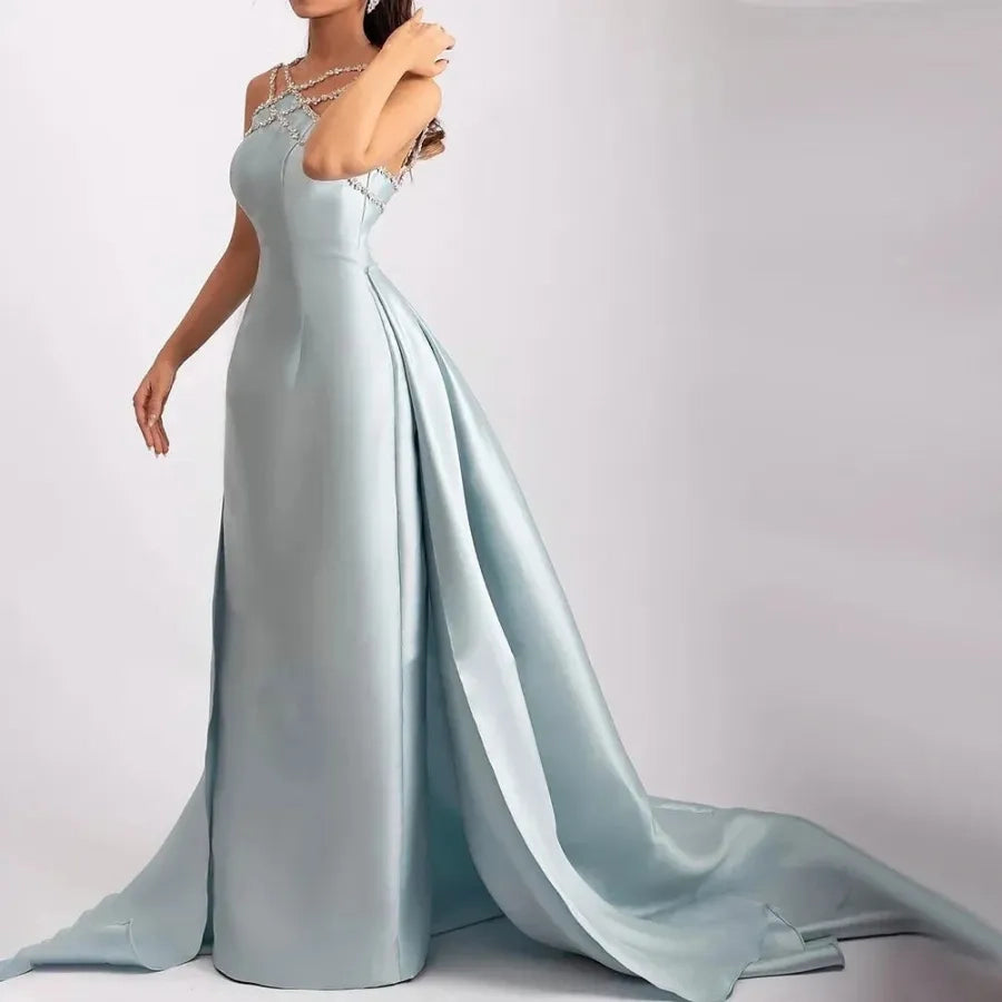 Aimishang Elegant Sheath Sleeveless Satin Beaded Long Party Evening Gown for Women