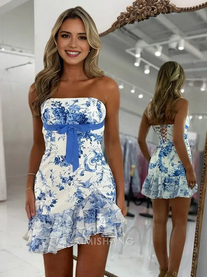 Aimishang Sheath Strapless Ruffles Floral Homecoming Dress Charming Birthday Party Dress Short Prom Dress with Bow