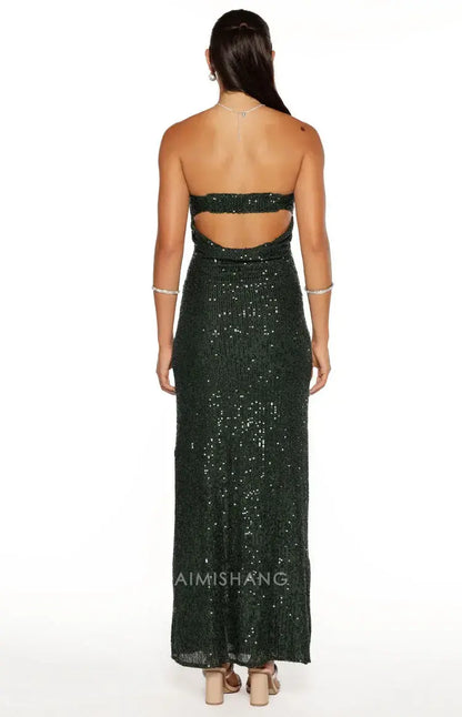 Aimishang Sheath Strapless Sequin Long Formal Prom Dress Sparkly Evening Party Gown Charming Wedding Guest Dress