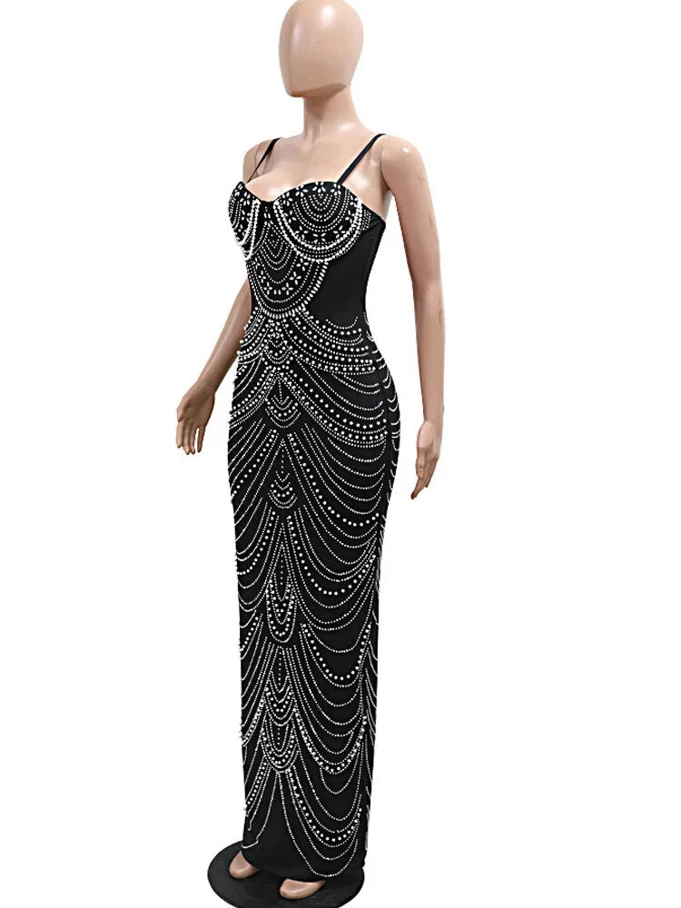 Aimishang Fashion Sheath Straps Beaded Rhinestone Long Prom Dresses Charming Evening Dress Sexy Birthday Party Outfits