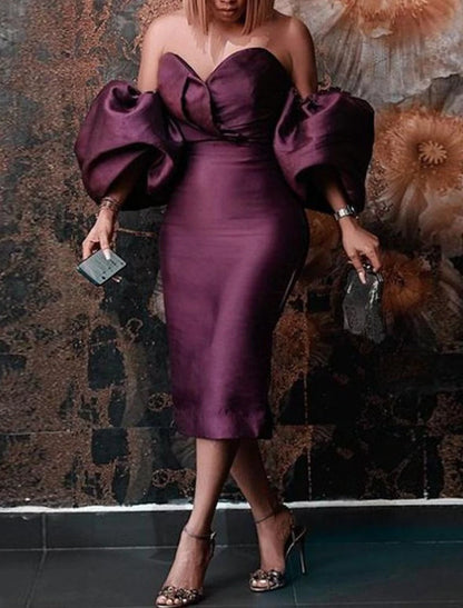 Aimishang Sheath / Column Cocktail Dresses Elegant Dress Wedding Guest Cocktail Party Tea Length Long Sleeve Off Shoulder Satin with Ruched