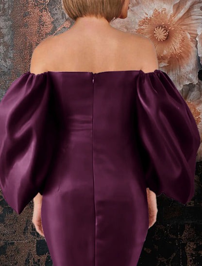 Aimishang Sheath / Column Cocktail Dresses Elegant Dress Wedding Guest Cocktail Party Tea Length Long Sleeve Off Shoulder Satin with Ruched