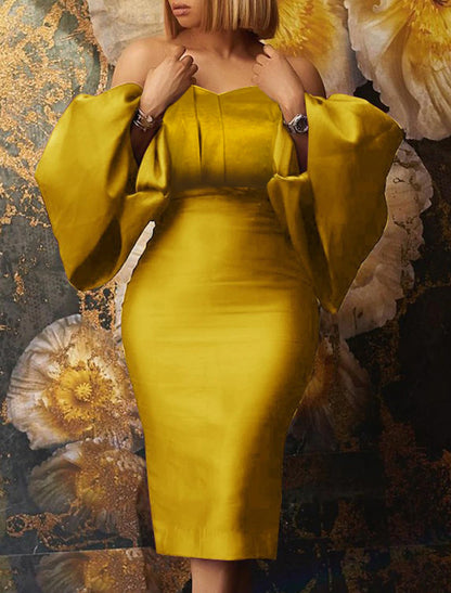Aimishang Sheath / Column Cocktail Dresses Elegant Dress Wedding Guest Cocktail Party Tea Length Long Sleeve Off Shoulder Satin with Ruched