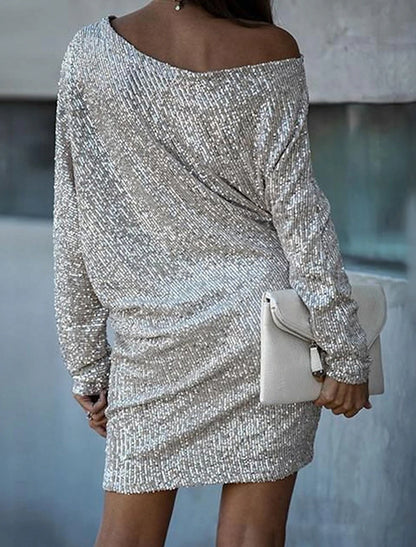 Aimishang Sheath / Column Cocktail Dresses Sparkle Homecoming Dress Carnival Evening Party Knee Length 3/4 Length Sleeve One Shoulder Fall Wedding Guest Sequined with Sequin