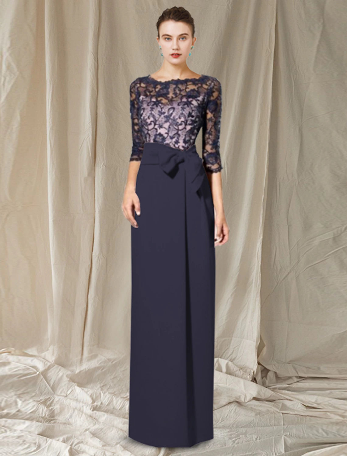 Aimishang Sheath / Column Mother of the Bride Dress Elegant Jewel Neck Floor Length Chiffon Lace 3/4 Length Sleeve with Bow(s) Color Block