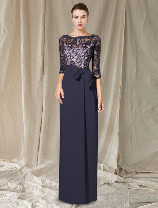Aimishang Sheath / Column Mother of the Bride Dress Elegant Jewel Neck Floor Length Chiffon Lace 3/4 Length Sleeve with Bow(s) Color Block
