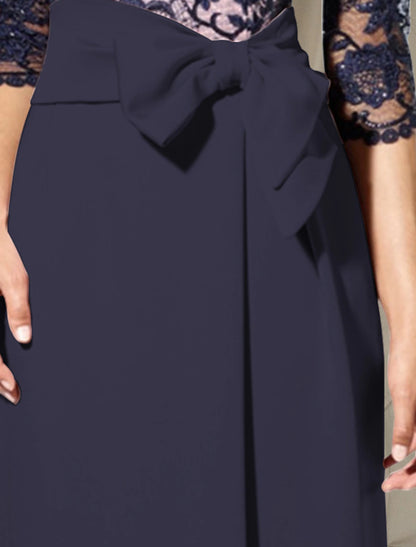 Aimishang Sheath / Column Mother of the Bride Dress Elegant Jewel Neck Floor Length Chiffon Lace 3/4 Length Sleeve with Bow(s) Color Block