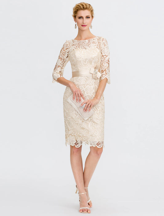 Aimishang Sheath / Column Mother of the Bride Dress Formal Wedding Guest Plus Size Elegant Illusion Neck Knee Length All Over Lace 3/4 Length Sleeve with Bow(s)