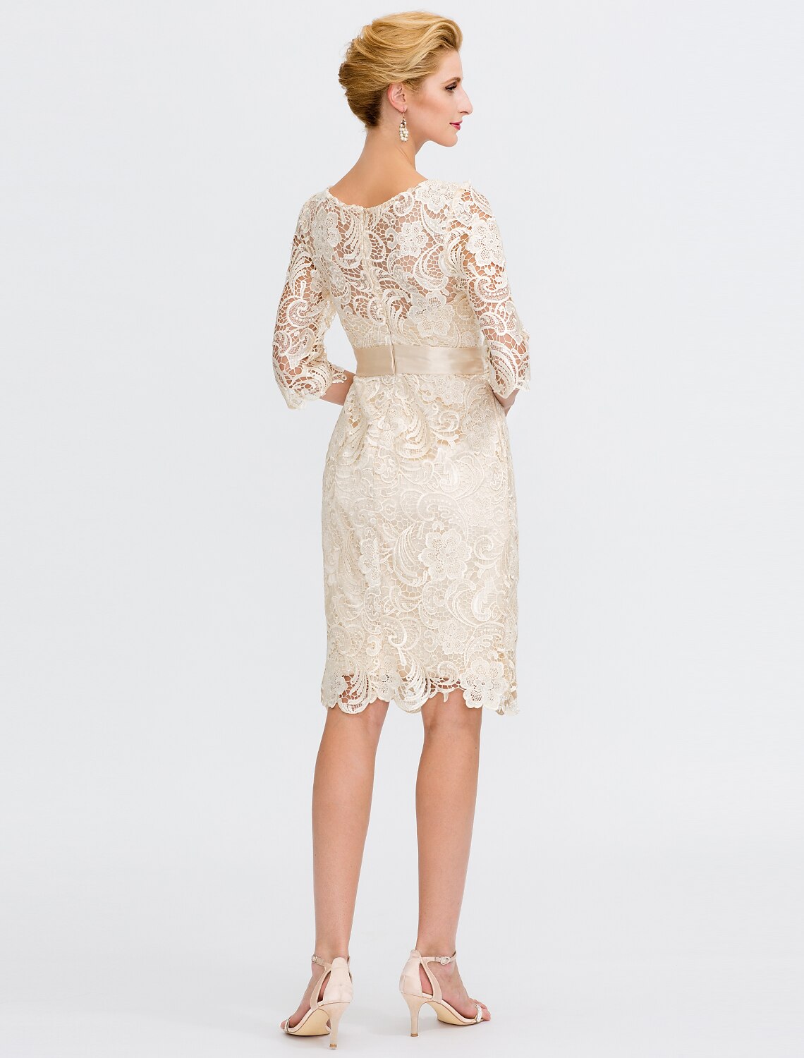 Aimishang Sheath / Column Mother of the Bride Dress Formal Wedding Guest Plus Size Elegant Illusion Neck Knee Length All Over Lace 3/4 Length Sleeve with Bow(s)