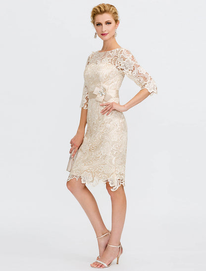 Aimishang Sheath / Column Mother of the Bride Dress Formal Wedding Guest Plus Size Elegant Illusion Neck Knee Length All Over Lace 3/4 Length Sleeve with Bow(s)