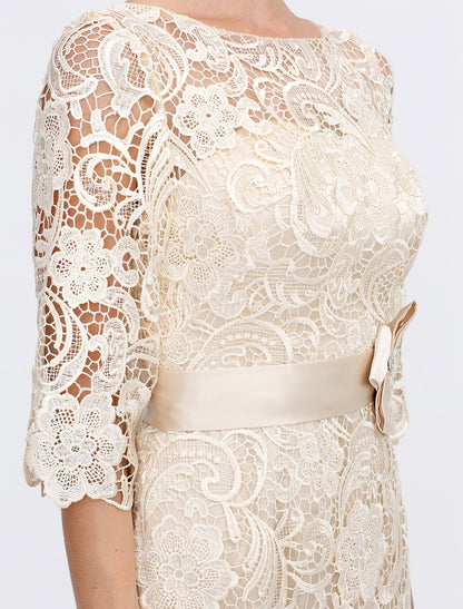 Aimishang Sheath / Column Mother of the Bride Dress Formal Wedding Guest Plus Size Elegant Illusion Neck Knee Length All Over Lace 3/4 Length Sleeve with Bow(s)