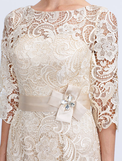 Aimishang Sheath / Column Mother of the Bride Dress Formal Wedding Guest Plus Size Elegant Illusion Neck Knee Length All Over Lace 3/4 Length Sleeve with Bow(s)