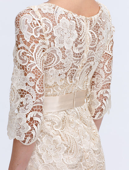 Aimishang Sheath / Column Mother of the Bride Dress Formal Wedding Guest Plus Size Elegant Illusion Neck Knee Length All Over Lace 3/4 Length Sleeve with Bow(s)
