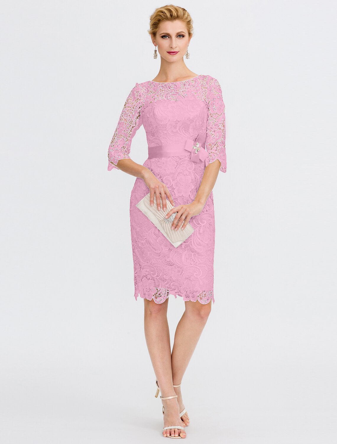 Aimishang Sheath / Column Mother of the Bride Dress Formal Wedding Guest Plus Size Elegant Illusion Neck Knee Length All Over Lace 3/4 Length Sleeve with Bow(s)