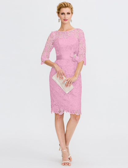 Aimishang Sheath / Column Mother of the Bride Dress Formal Wedding Guest Plus Size Elegant Illusion Neck Knee Length All Over Lace 3/4 Length Sleeve with Bow(s)