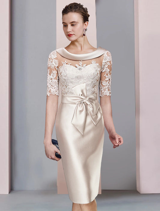 Aimishang Sheath / Column Mother of the Bride Dress Wedding Guest Elegant Scoop Neck Knee Length Satin Lace Half Sleeve with Bow(s) Appliques