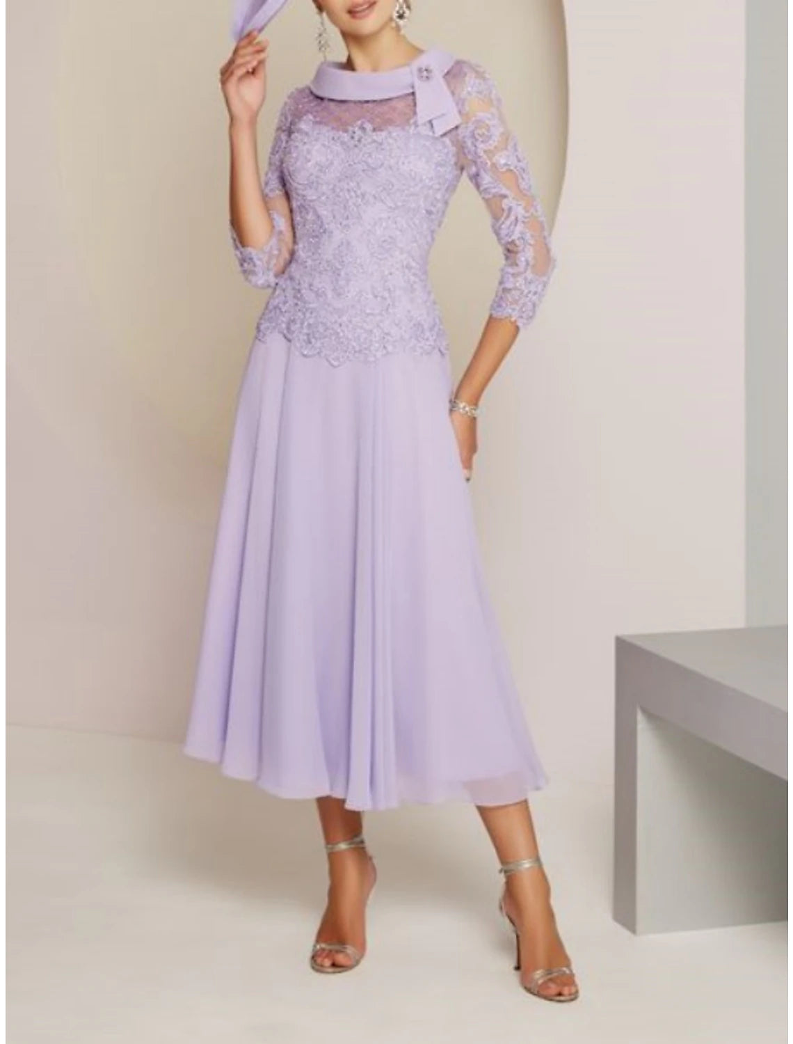 Aimishang Sheath / Column Mother of the Bride Dress Wedding Guest Party Sweet Scoop Neck Tea Length Chiffon Lace 3/4 Length Sleeve Elegant