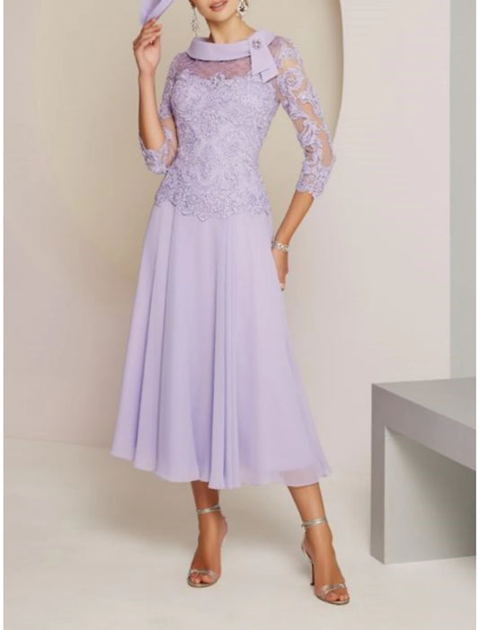 Aimishang Sheath / Column Mother of the Bride Dress Wedding Guest Party Sweet Scoop Neck Tea Length Chiffon Lace 3/4 Length Sleeve Elegant