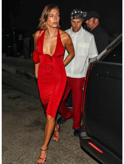 Aimishang Sheath Evening Gown Cocktail Dress Formal Birthday Party Dress Knee Length Sleeveless Halter Neck Fall Wedding Guest Dress with Ruched and Flowers