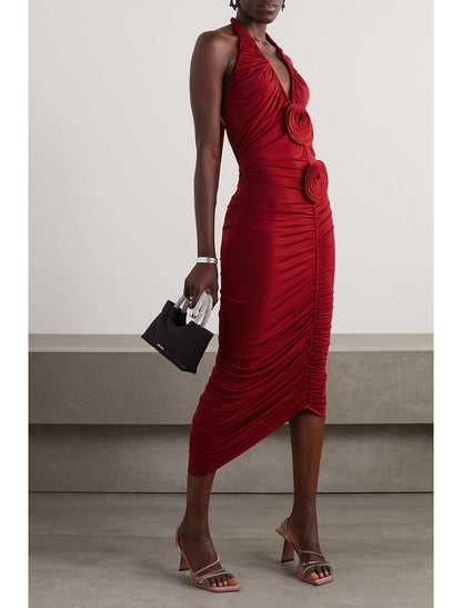 Aimishang Sheath Evening Gown Cocktail Dress Formal Birthday Party Dress Knee Length Sleeveless Halter Neck Fall Wedding Guest Dress with Ruched and Flowers