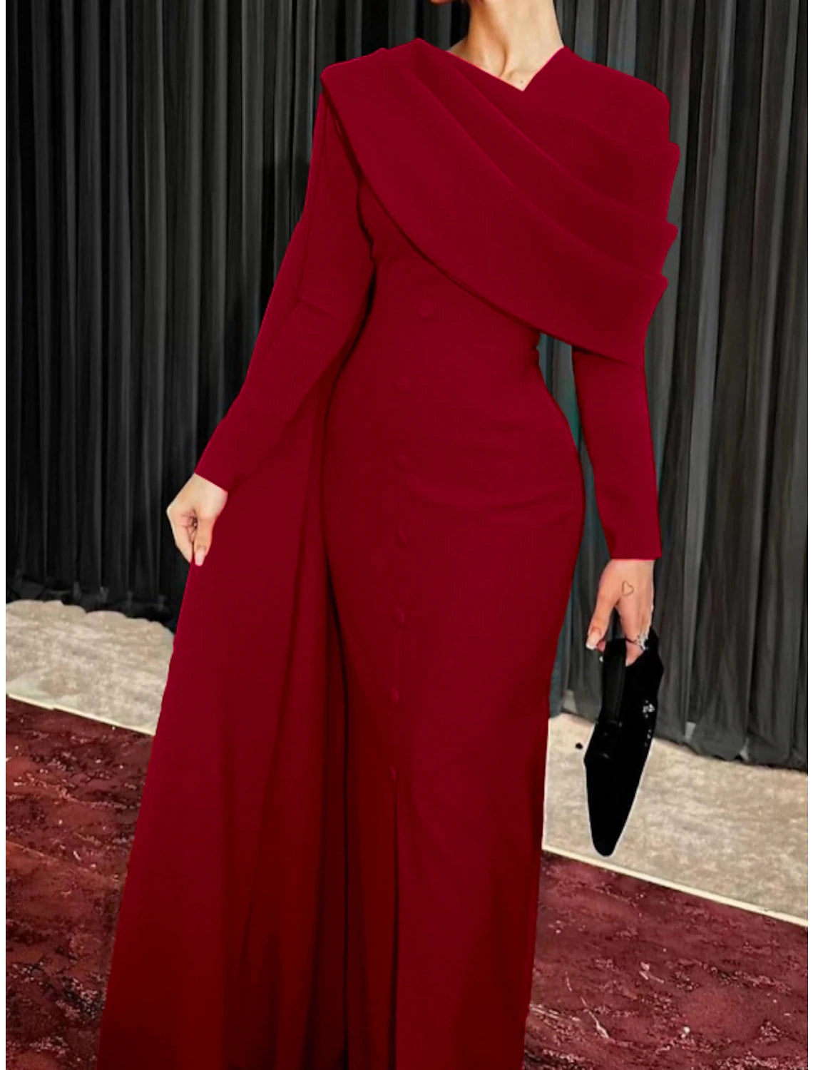 Aimishang Sheath Red Black Dress Evening Gown Elegant Cape Dress Formal Fall Sweep / Brush Train Long Sleeve Cowl Neck Party Dress