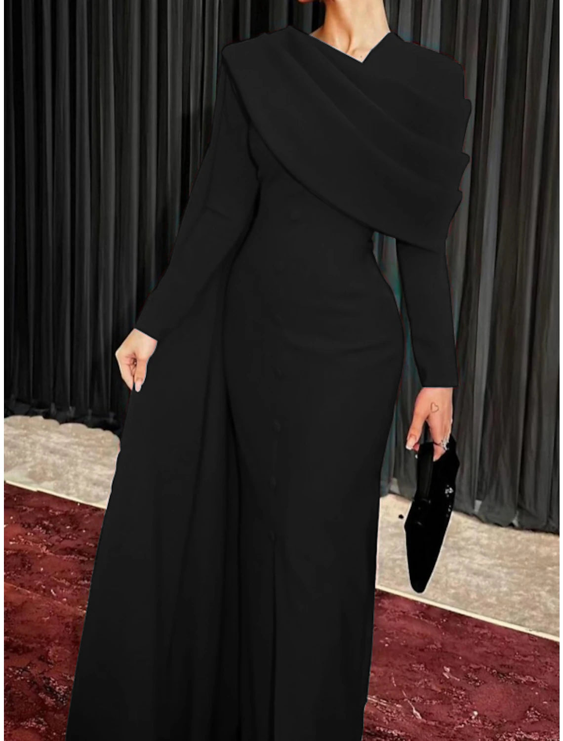 Aimishang Sheath Red Black Dress Evening Gown Elegant Cape Dress Formal Fall Sweep / Brush Train Long Sleeve Cowl Neck Party Dress