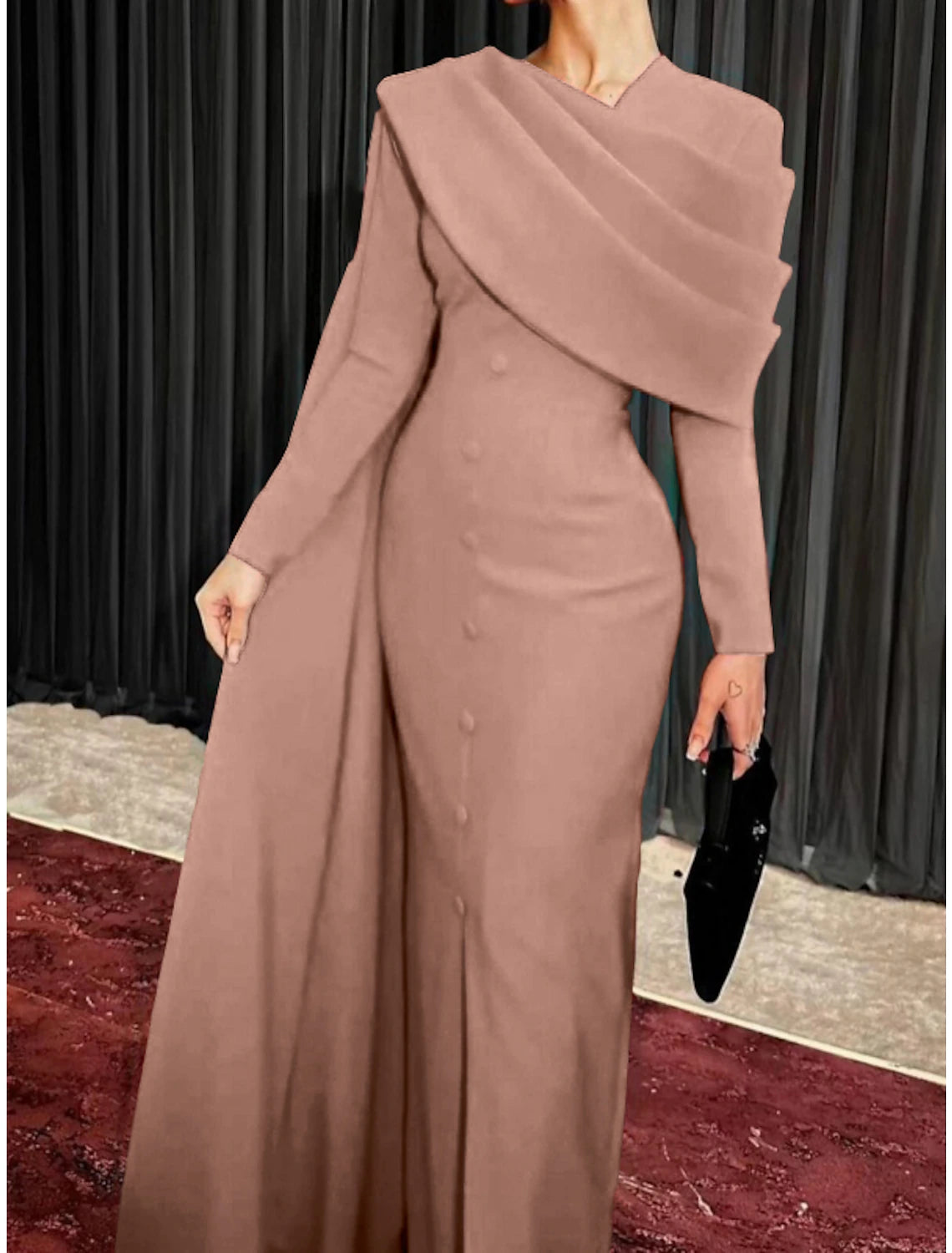 Aimishang Sheath Red Black Dress Evening Gown Elegant Cape Dress Formal Fall Sweep / Brush Train Long Sleeve Cowl Neck Party Dress