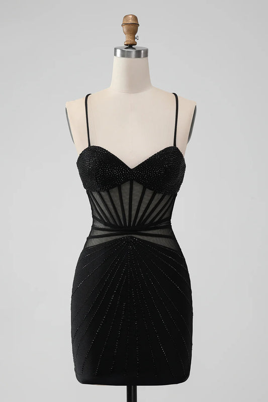 Aimishang Sheath Spaghetti Straps Homecoming Dress Beaded Graduation Dress with Lace-Up Back