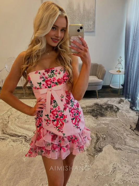 Aimishang Sheath Strapless Ruffles Floral Homecoming Dress Charming Birthday Party Dress Short Prom Dress with Bow