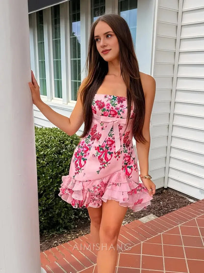 Aimishang Sheath Strapless Ruffles Floral Homecoming Dress Charming Birthday Party Dress Short Prom Dress with Bow