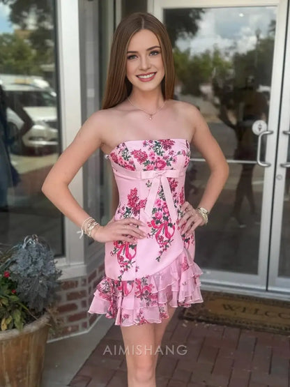Aimishang Sheath Strapless Ruffles Floral Homecoming Dress Charming Birthday Party Dress Short Prom Dress with Bow