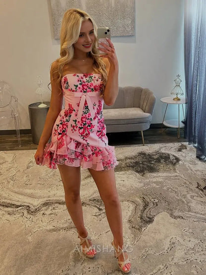 Aimishang Sheath Strapless Ruffles Floral Homecoming Dress Charming Birthday Party Dress Short Prom Dress with Bow