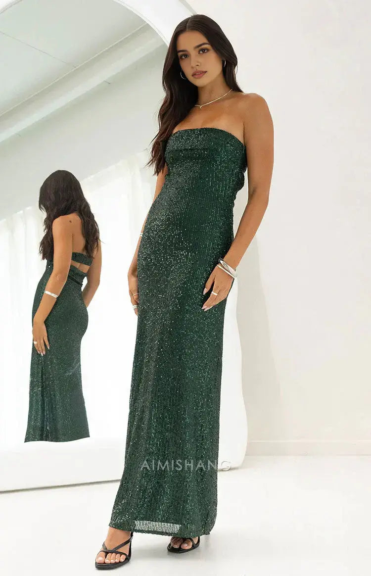 Aimishang Sheath Strapless Sequin Long Formal Prom Dress Sparkly Evening Party Gown Charming Wedding Guest Dress