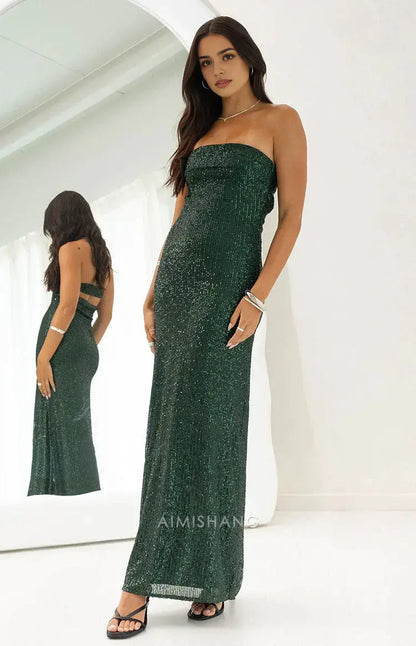 Aimishang Sheath Strapless Sequin Long Formal Prom Dress Sparkly Evening Party Gown Charming Wedding Guest Dress